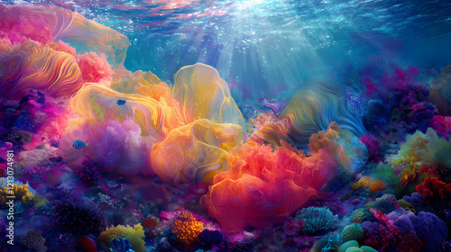 Fototapeta Naklejka Na Ścianę i Meble -  Vibrant tropical coral reef scene with soft ripples and radiant light effects. Radiant Reef. Illustration