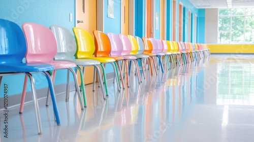 Colorful chairs line school hallway; bright classroom background; education waiting area image photo