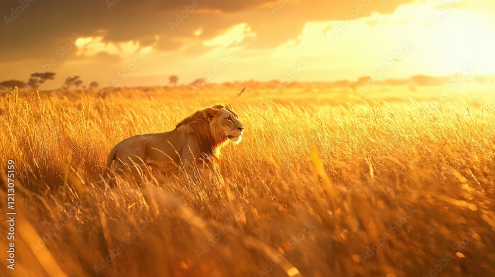 Fototapeta premium Lion standing in golden grass at sunset, with a bird flying in the background