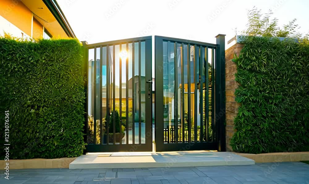 welcoming scene of modern house entrance with garden perspective