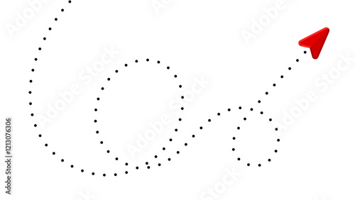Dotted line forms an abstract shape, with a red arrow pointing towards the upper right corner
