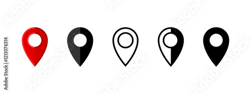 Location icons in different styles, including red, black, outline, and flat vector