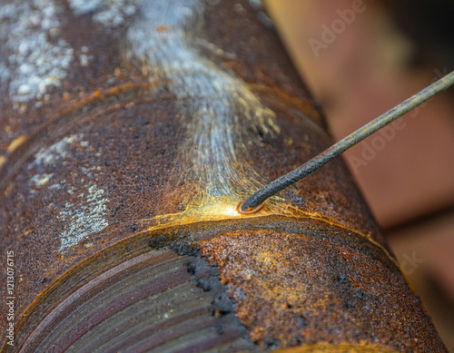 Welding process on rusty metal pipe in industrial workshop environment photo