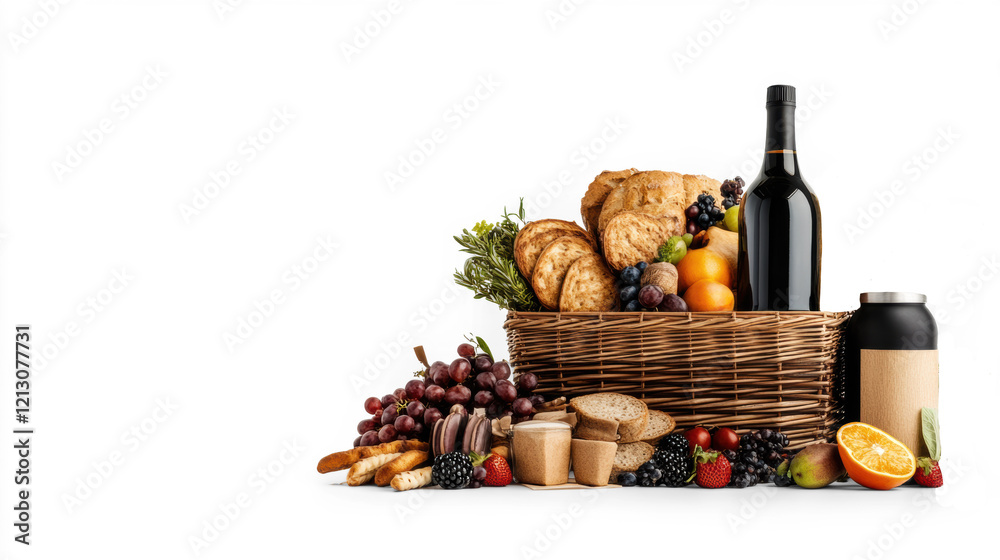 Naklejka premium Picnic Basket with Wine and Fruits
