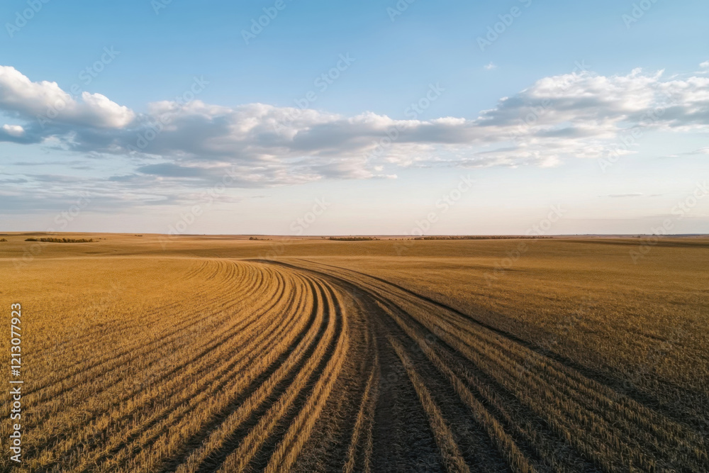 Vast field depicting a crisis with clear blue sky and deep tire tracks leading towards the horizon at sunset Vast field depicting a crisis with clear blue sky and deep tire tracks leading towards the horizon at sunset
