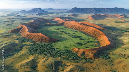 Aerial view of lush green oasis within vast desert crater landscape. photo