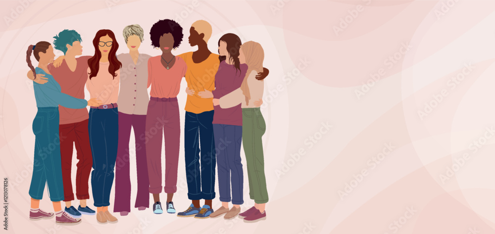 Obraz premium Group of multicultural women embracing. Diversity - inclusion - equality - girl power or empowerment concept. International women s day