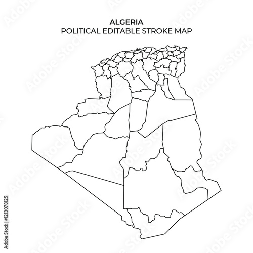 This detailed map displays the political boundaries and regions of Algeria. It features clear outlines of territories and geographical divisions for educational purposes.
