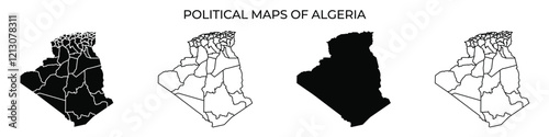 Detailed illustrations depict the political maps of Algeria, focusing on the countrys regional divisions and territorial boundaries, highlighting geographic areas in different styles.