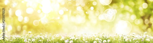 A field of green with daisies features a close-up of pink spring flowers on the ground