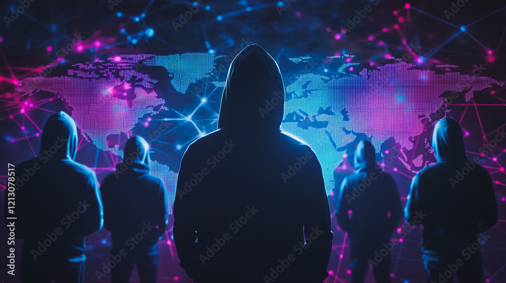 Obraz premium Hacker are planning to hack and attack networks and cyber security systems.team people innovation connection of line from nail node to node on map background , networking concept