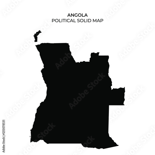 A solid black silhouette of Angola is presented against a white background. The map outlines the countrys distinct shape, highlighting its geographical features.