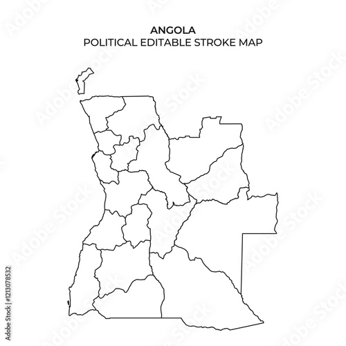 This map highlights the political boundaries of Angola, showcasing each region and the potential for editing. It serves as a reference for geographical studies or presentations.