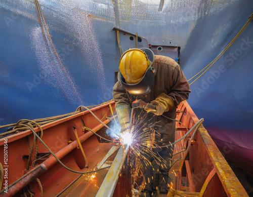 Worker welding inside a ship's hull during repair in a shipyard photo