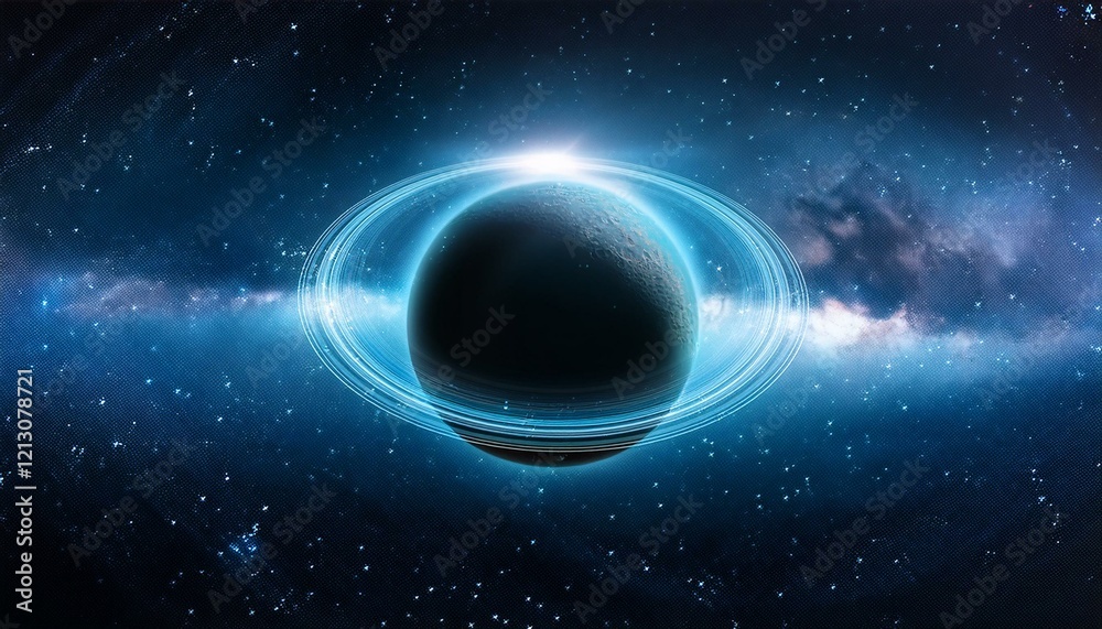 Obraz premium 깊은 우주 속에서 빛나는 고리 형태의 행성, 행성 주위에 떠다니는 작은 별들이 강조된 장면