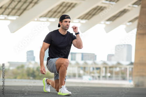 Man in athletic wear performing a lunge stretch outdoors