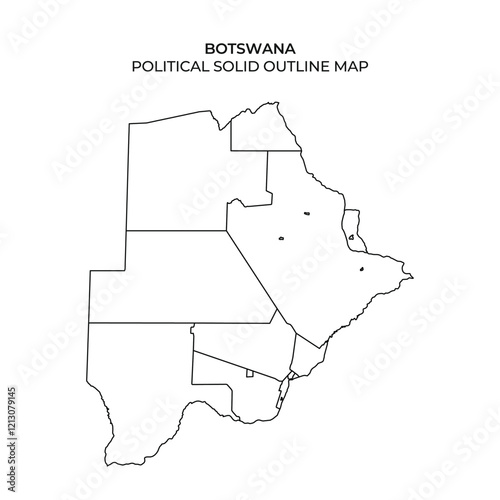 This solid outline map illustrates the political boundaries of Botswana, featuring distinct regions and key locations without any additional details or markings.