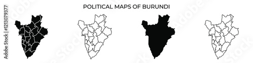 Four maps illustrate the political boundaries of Burundi, showcasing variations in color to emphasize different administrative divisions across the country.