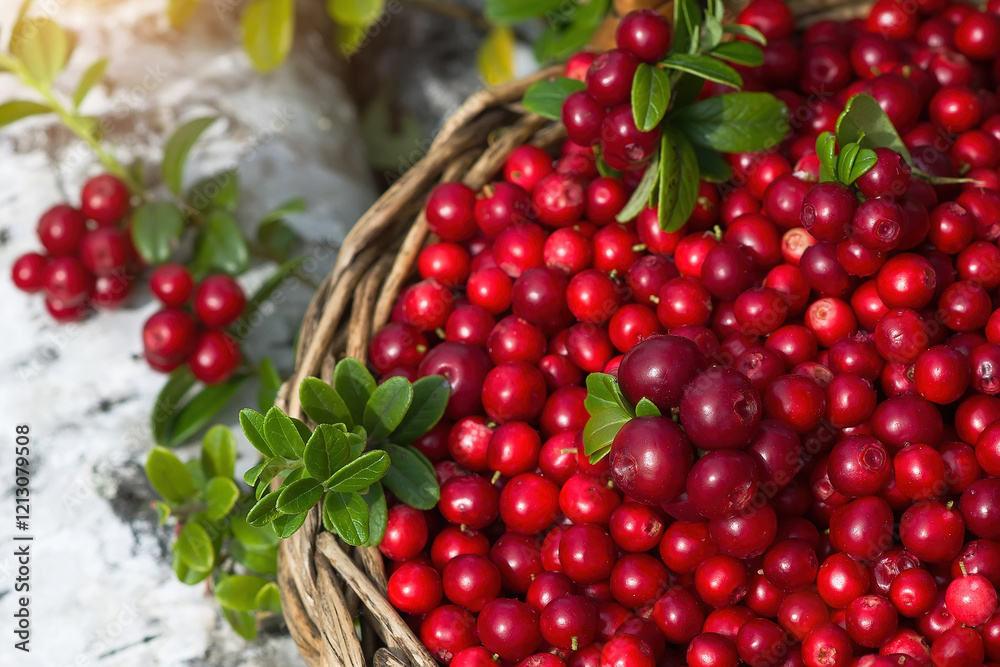 Wicker basket with cranberries on a tree stump in the forest. Close-up Wicker basket with cranberries on a tree stump in the forest. Close-up