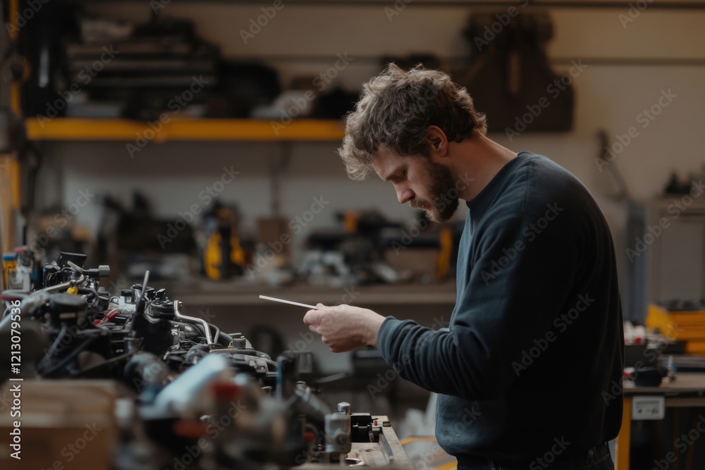 Man checks oil level in a workshop using a dipstick while examining a vehicle Man checks oil level in a workshop using a dipstick while examining a vehicle