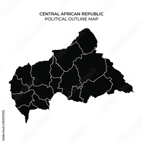 The political outline of Central African Republic, highlighting its administrative regions with a clear black design on a white background.