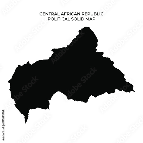 A solid black silhouette of the Central African Republic shows its political borders. This representation emphasizes the countrys geographic shape and area without details.