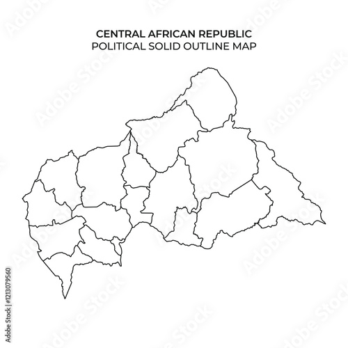 The drawing displays the political boundaries of the Central African Republic. Each region is outlined clearly, showcasing the countrys administrative divisions in a simplified format.