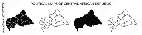 Four distinct political maps illustrate the administrative divisions of the Central African Republic. The maps vary in shading, highlighting different regions and borders clearly.