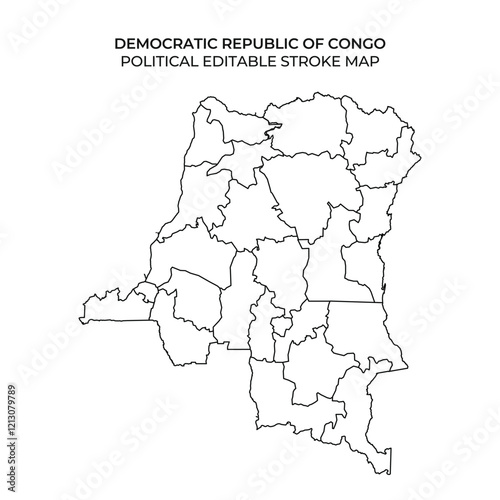 This map outlines the political boundaries of the Democratic Republic of Congo, showing different regions and provinces in a simple, editable format for educational or design purposes.