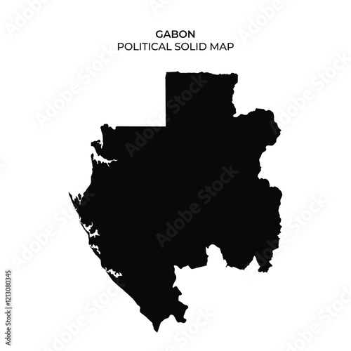 This design features a solid black outline of Gabon demonstrating its political boundaries. It highlights the unique shape of the country located in Central Africa.