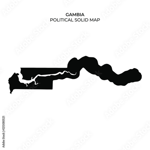 This solid black outline represents the political map of Gambia, highlighting its unique geographical shape. The map emphasizes the countrys position and boundaries in West Africa.