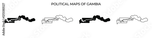 Several political maps illustrate the changing borders and regions of Gambia. Each map showcases different delineations and features throughout distinct historical periods.