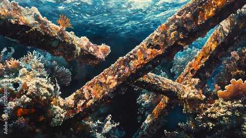 Coral and seaweed entwining the rusty metal beams of a submerged ship, coral reef, rusting metal, underwater jungle. Radiant Reef. Illustration photo