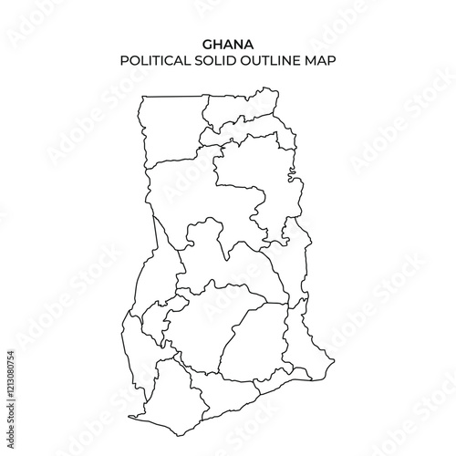 This detailed outline map illustrates the political divisions of Ghana, highlighting regions and boundaries for study or reference purposes. Ideal for educational settings.