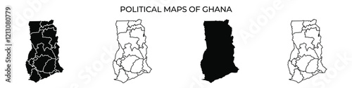 Four distinct styles of political maps showcasing regions in Ghana. Each map emphasizes borders and landmarks, reflecting variations in design and color usage for geographical clarity.