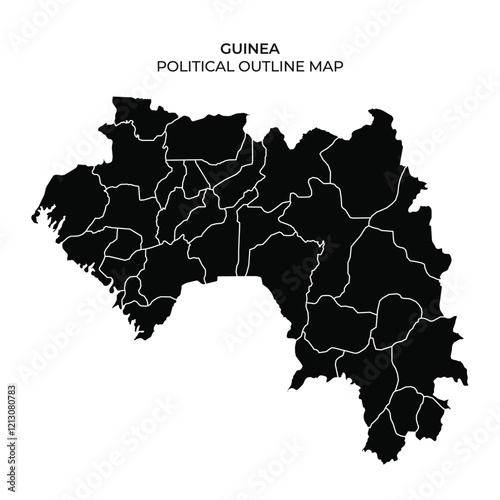 This detailed map displays the political outline of Guinea, highlighting its regions and administrative boundaries. It features a clear black silhouette design for easy reference.