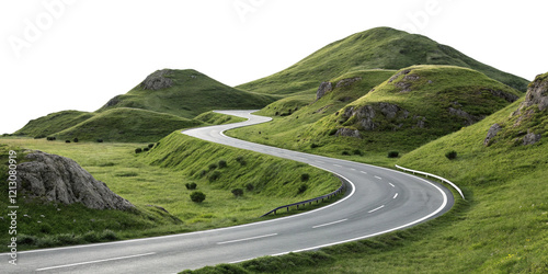 Winding Road Through Green Hills: A scenic asphalt road curves gracefully through rolling green hills, offering a captivating view of nature's beauty and a sense of adventure.