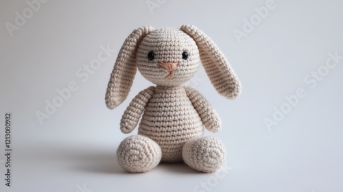 Handmade knitted amigurumi bunny toy on a white background.