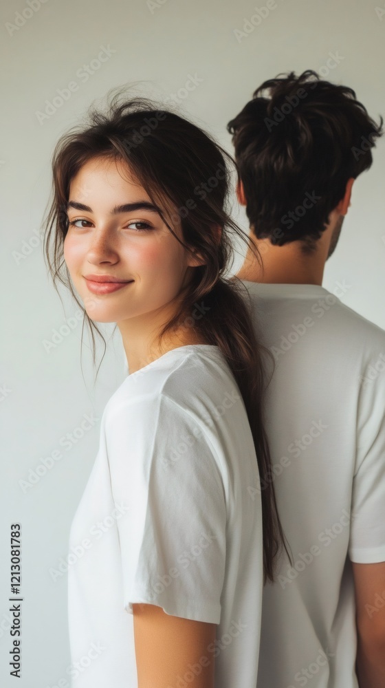 Young couple standing back to back, showing complicity and love Young couple standing back to back, showing complicity and love