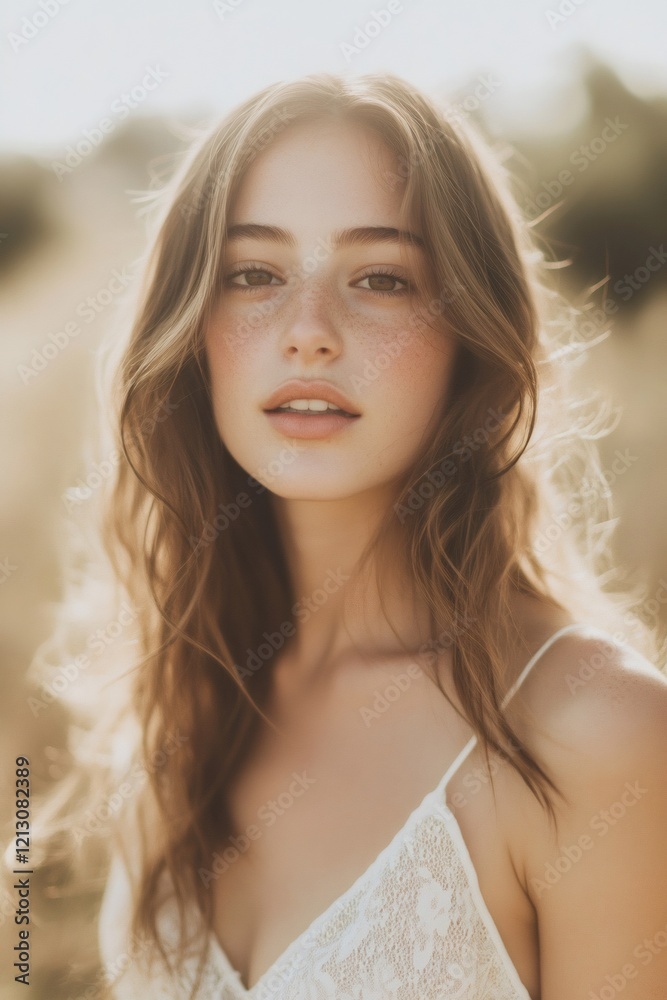 Beautiful freckled model posing in a field of wheat Beautiful freckled model posing in a field of wheat