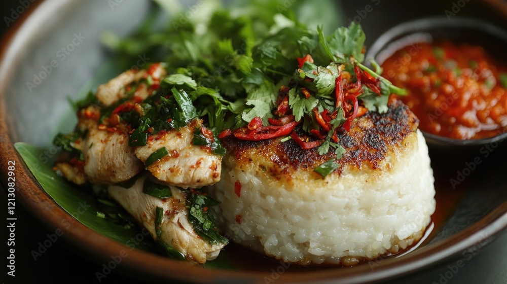 Spicy Grilled Chicken with Lemongrass Rice and Chili Sauce Spicy Grilled Chicken with Lemongrass Rice and Chili Sauce