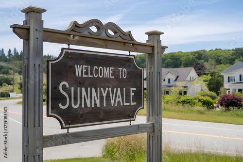 Welcome to Sunnyvale California Sign with Vibrant Blue Sky and Lush Greenery, Iconic City Entrance in Silicon Valley, United States photo