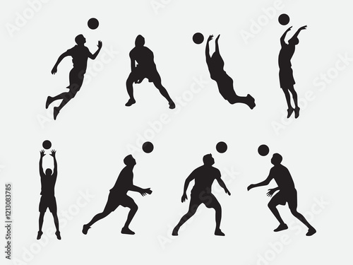 Silhouette of volleyball player set A black and white silhouette