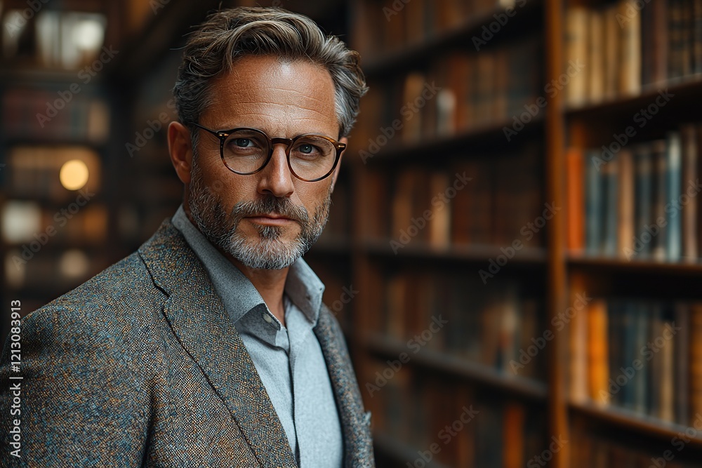 Fototapeta premium Portrait of mature university teacher standing in big library