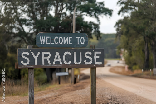 Welcome to Syracuse New York Wooden Sign with Rustic Charm and State Pride in Upstate New York Landscape