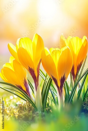 In a spring garden landscape, filigree yellow crocus flowers in green grass are pollinated by honey bees and flies, with a blurred background in a close-up macro, emphasizing blooming wildflowers