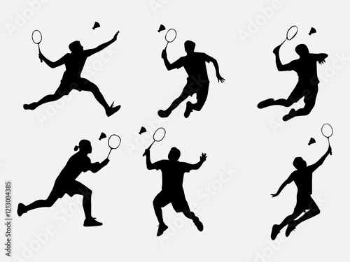 Set of silhouettes of Badminton sport vector players in action design