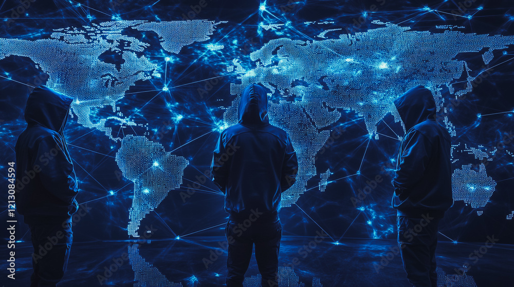 Obraz premium Hacker are planning to hack and attack networks and cyber security systems.team people innovation connection of line from nail node to node on map background , networking concept