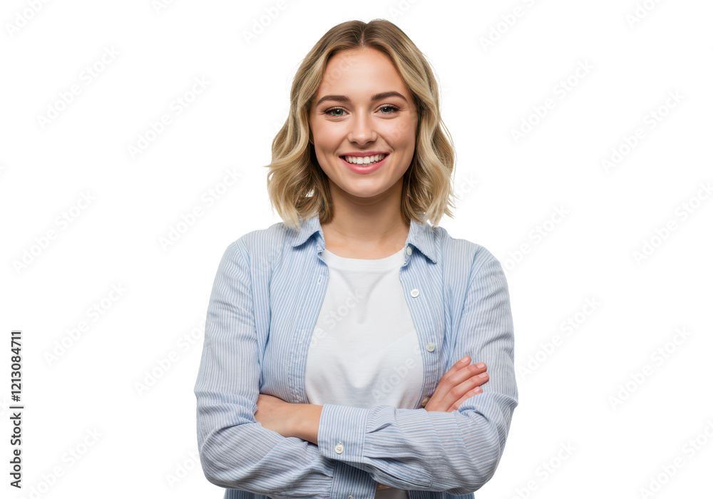 A young woman wearing a light blue striped shirt over a white T-shirt, arms crossed, smiling warmly isolated on transparent background A young woman wearing a light blue striped shirt over a white T-shirt, arms crossed, smiling warmly isolated on transparent background