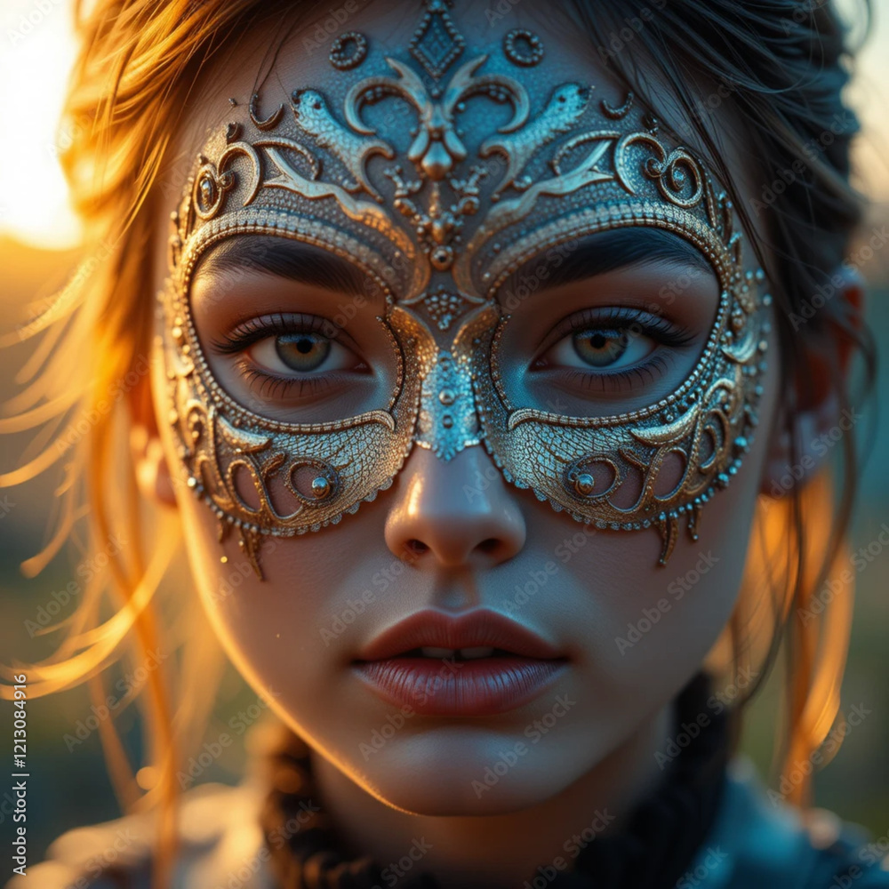 Primer plano cara de una mujer joven y bella, con un antifaz dorado de carnaval elegantemente posicionado, capturando misterio, glamour y sofisticación en un retrato cautivador Primer plano cara de una mujer joven y bella, con un antifaz dorado de carnaval elegantemente posicionado, capturando misterio, glamour y sofisticación en un retrato cautivador